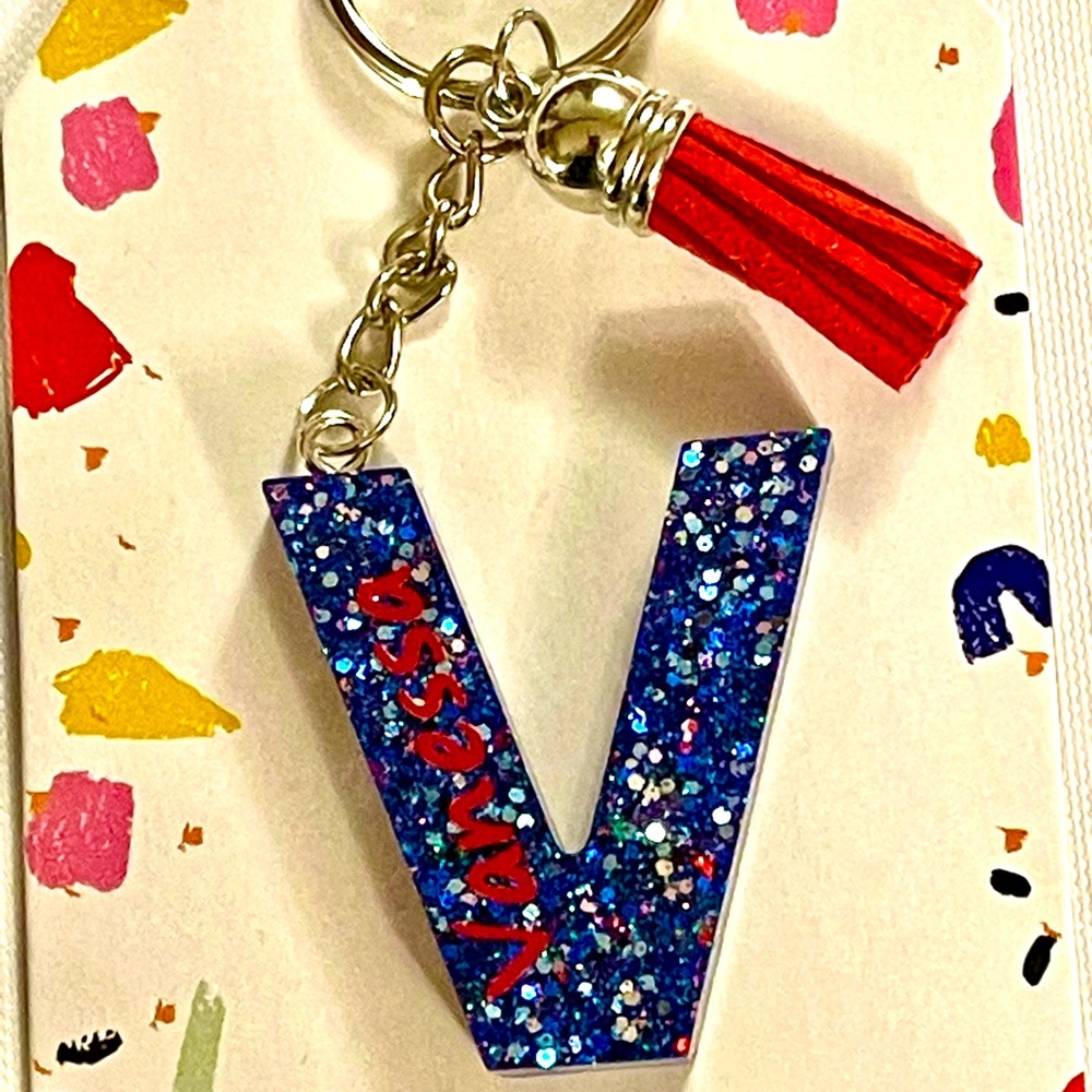 Personalized Letter V Blue Glitter Resin Keychain Vanessa Red Tassel Accessory